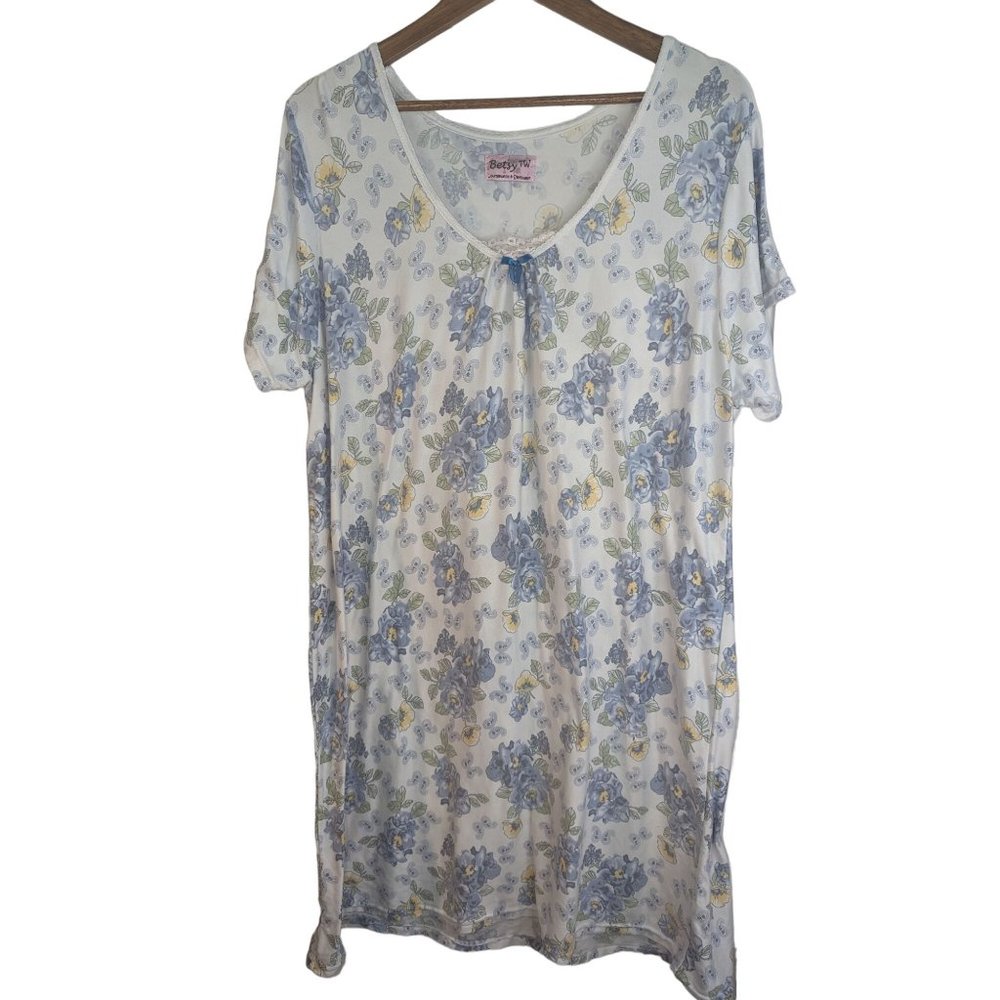 Betsy TW Modest Cottagecore knee length Nightgown Floral Sz L/XL Lace Blue